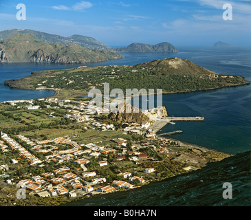 Volcano, Porto di Levante, view of Vulcanello, aerial view, Lipari Island (back), Aeolian Islands, Sicily, Italy Stock Photo