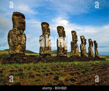 Seven moais of Ahu Akivi, stone sculptures, Rapa Nui National Park, Easter Island, Chile, Oceania Stock Photo