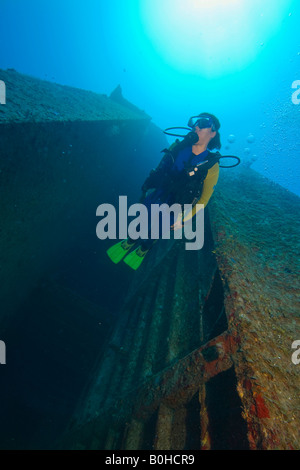 Odyssey shipwreck, 91 meters, sunk in 2002 to serve as a tourist attraction for scuba divers, Roatan, Honduras, Central America Stock Photo