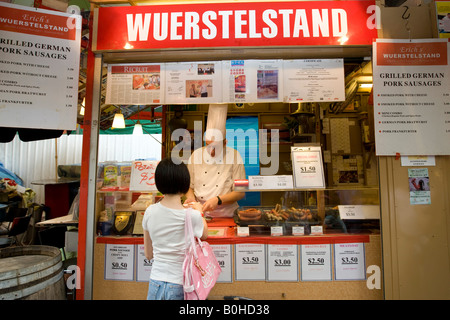 Chinatown, stand selling German sausages on Neil Road in Singapore, Southeast Asia Stock Photo