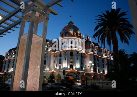 Negresco Hotel, luxury hotel at dusk, Nice, Côte d'Azur, France Stock Photo