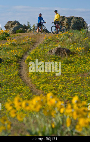 Idaho a couple mountain bikes in the foothills above Boise Idaho on a beautiful spring day Stock Photo
