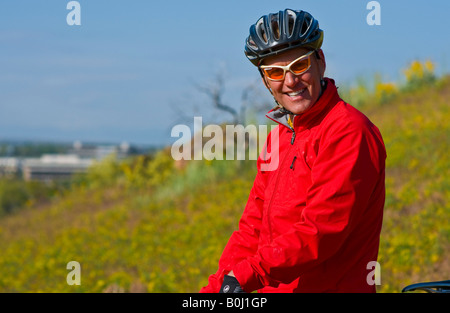 Idaho a man mountain bikes in the foothills above Boise Idaho on a beautiful spring day Stock Photo