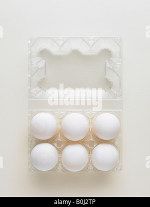 open duck eggs in egg box Stock Photo