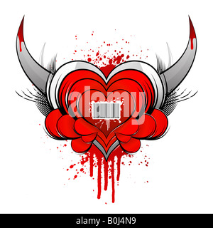 Vector illustration of a beautiful emblem heart with horns blood splatters and a barcode dirty grunge symbol in the middle Stock Photo