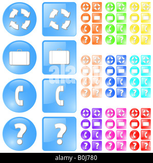 Vector illustration of simple slick glossy icons in four themes refresh luggage portfolio contact phone and question symbols Stock Photo