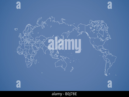 Stroked world map illustration with nation borders on a gradient background Stock Photo