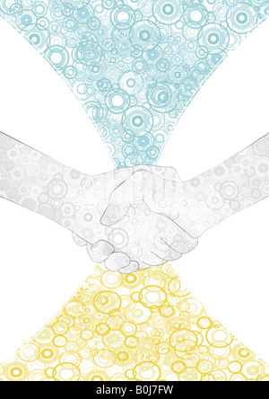 Vector illustration of two hands shaking with modern colorful circles made in a happy calm style Stock Photo