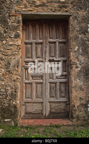Handmade wooden door at Concepcion mission in San Antonio Stock Photo