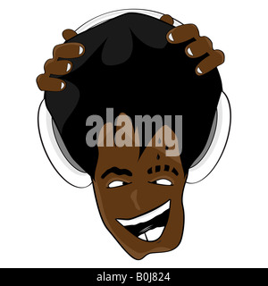 Vector illustration of a crazy and happy black DJ listening to music with headphones Stock Photo