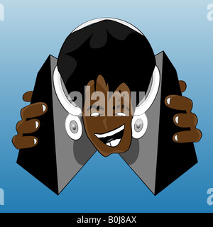 Vector illustration of a crazy and happy black DJ listening to music With headphones and speakers Stock Photo