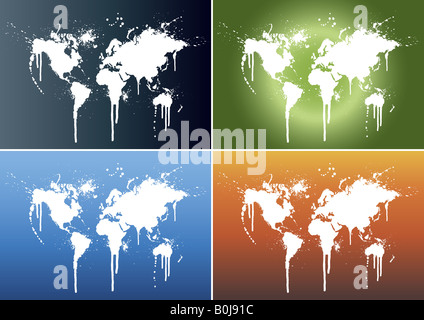 Vector illustrations of world maps splattered on four different beautiful gradient backgrounds Stock Photo