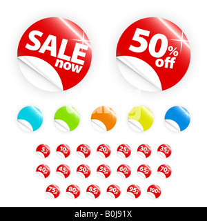 Vector illustrations of glossy shiny retail icons with peel gradient effect with discount percentages from 5 to 100. Stock Photo