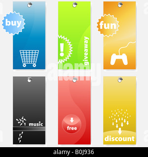 Vector illustrations of differently colored glossy shopping and music related web tags labels Stock Photo