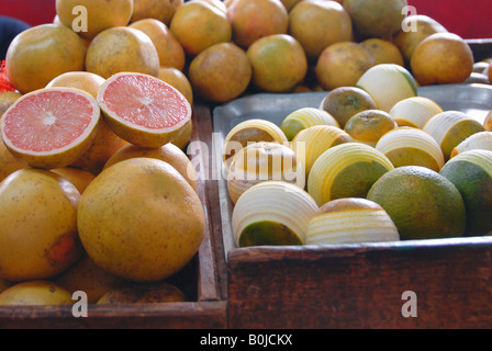 Fresh grapefruits and lemons on sale at an indoor marketplace Stock Photo