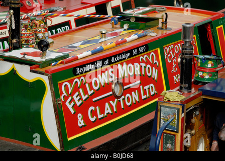 Traditional narrowboat with Fellows Morton & Clayton livery on cabin side, Canalway Cavalcade, Little Venice, London Stock Photo
