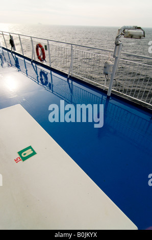 Wet deck, life-jacket container and life ring on TallinkSilja Superfast ferry operating Helsinki - Rostock route, Baltic sea Stock Photo