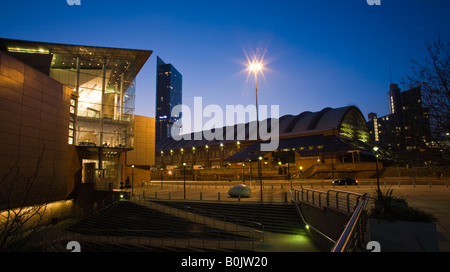 Bridgewater Hall and Manchester Central (G-MEX) at night. Manchester, Greater Manchester, United Kingdom. Stock Photo