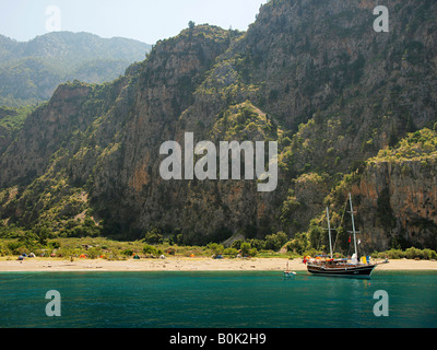 GULET MOORED  IN BAY AT BUTTERFLY VALLEY   MUGLA TURKEY Stock Photo
