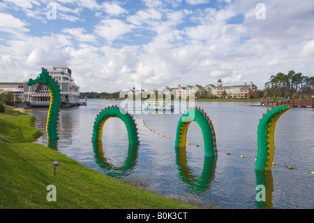 The Lego Dragon in the lake at Downtown Disney in Lake Buena Vista Florida USA Stock Photo