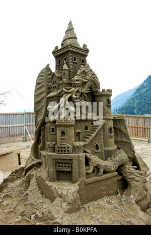 Fantasy sand castle and dragon at the Tournament of Champions Sand Sculpture Competiton at Harrison Hot Springs. Stock Photo