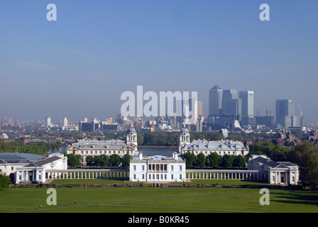 National Maritime Museum, The Old Royal Naval College and Canary Wharf in Greenwich, London, UK Stock Photo