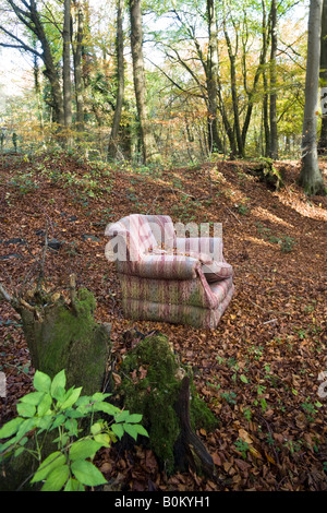 Abandoned armchair dumped in a Cotswold beechwood at Witcombe Woods, Gloucestershire UK Stock Photo