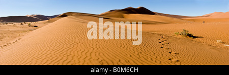 Soussusvlei Namib-Naukluft Desert Dunes windswept ridges in sand, 1 tiny tourist silhouette in background, leading footprints in sand foreground Stock Photo