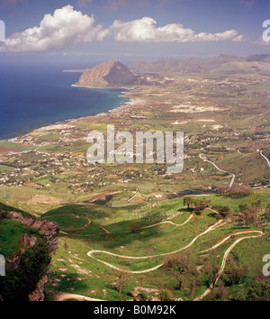 View towards Monte Cofano and Capo san Vito from Erice Sicily Italy EU. Stock Photo