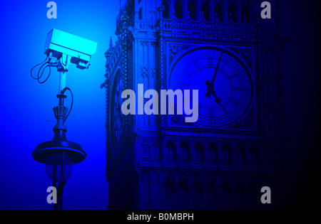 London CCTV security camera watching over Big Ben Houses of Parliament Stock Photo