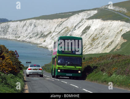 Freshwater Bay Isle of Wight England a Southern Vectis Bus enroute along coastal road Stock Photo