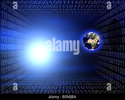 Global futuristic technology related background with binary code tunnel and Earth planet Stock Photo