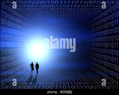 Global futuristic technology and business related conceptual illustration with binary code tunnel and people silhouettes Stock Photo