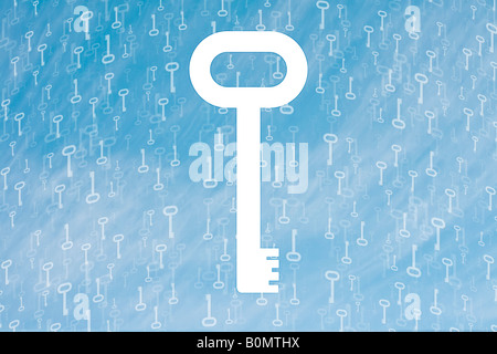 Concept of lots of keys floating in the air with a big key symbol in the middle Stock Photo
