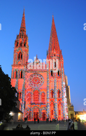 Chartres Cathedral, France, illuminated during the main tourist season, April to September, with changing lights and music. Stock Photo