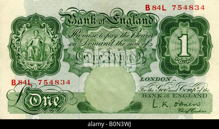 1950s Mint Bank of England One Pound Note with signature of L K O'Brien Chief Cashier FOR EDITORIAL USE ONLY Stock Photo