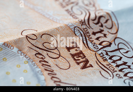 Close up of UK ten pound note showing amount 2008 Stock Photo