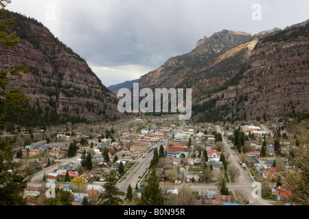 Aerial view of Ouray Colorado from US Hwy 550 which winds above the town showing a spectacular view of the village and mountains Stock Photo