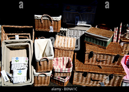 Hampers and baskets on show outside London shop Stock Photo