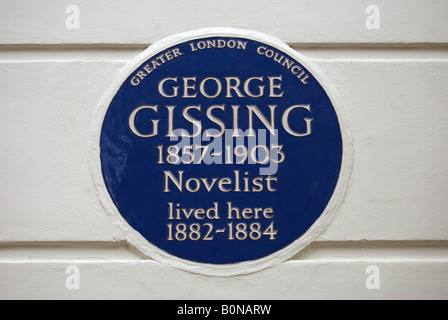 greater london council blue plaque marking a former home of novelist george gissing, in oakley gardens, chelsea , london