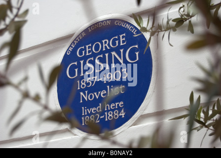 greater london council blue plaque marking a former home of novelist george gissing, in oakley gardens, chelsea , london