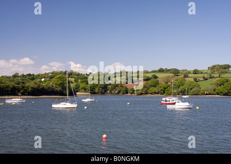 Boats moored on the river Fal in Cornwall, UK Stock Photo