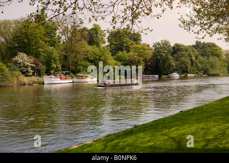 A canal barge sailing past pleasure boats on the River Thames in Berkshire viewed from Windsor Home Park Windsor Castle Stock Photo