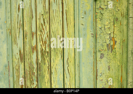 Peeling green paint on an old wooden door. Stock Photo