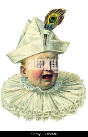 ancient sobbingly emotional baby head toby collar ruff made of lace paper ship hat peacock feather 19th century Germany Stock Photo