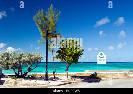 Queen Street and the Columbus Landfall National Park sign in Cockburn Town Grand Turk Turks and Caicos Island Stock Photo