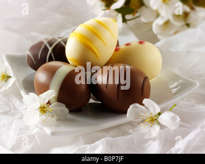 Studio food photo of Mini Chocolate decorated Easter eggs with cherry blossoms Stock Photo