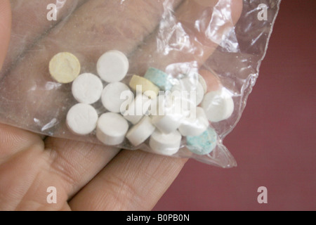 A party bag of various types of ecstasy pills, Amsterdam, The Netherlands. Stock Photo