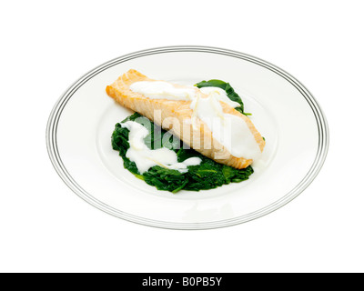 Roast Salmon with Spinach Yoghurt and Lemon Dressing Stock Photo