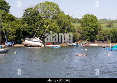 Boats moored on the river Fal in Cornwall, UK Stock Photo